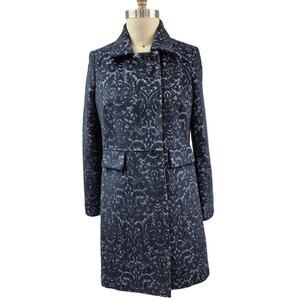 Tribal Navy Blue Brocade Coat Poly/Wool White Background Satin Lined Sz P/S NWOT